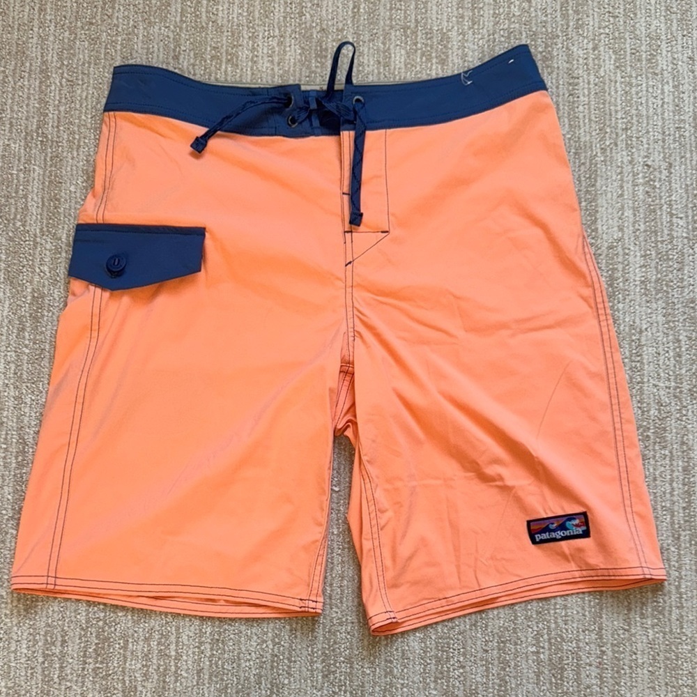 Patagonia Mens 31 Orange Patchwork Stretch Wavefarer Boardshorts Swim Surf Short - Picture 2 of 10